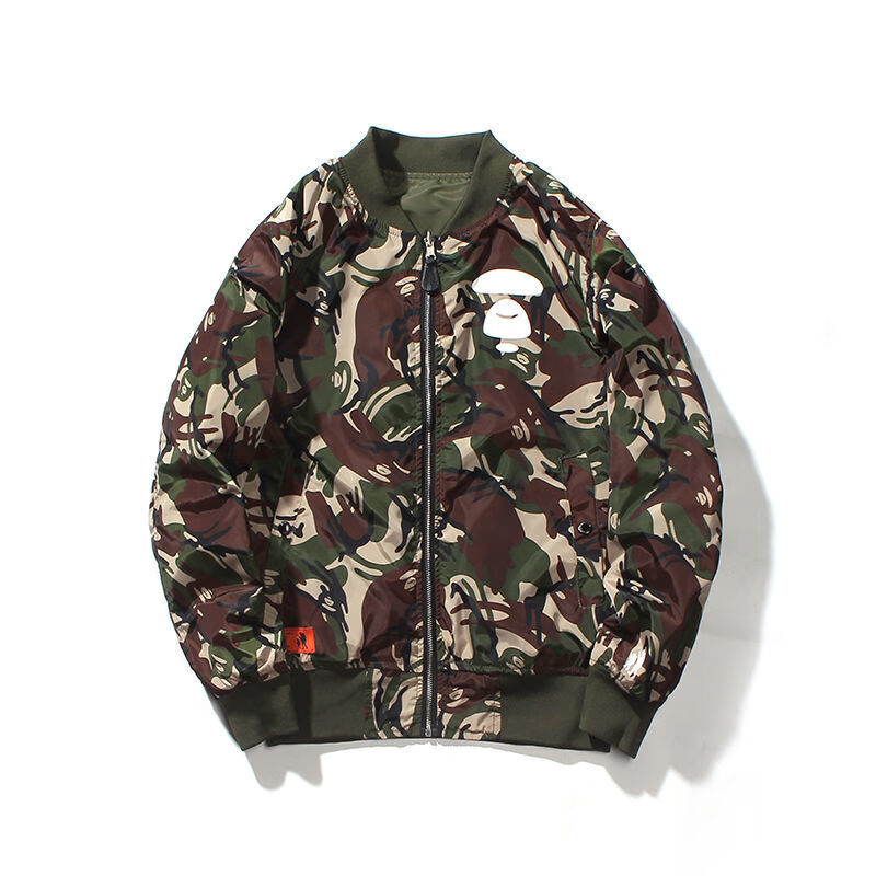 潮牌aape秋冬款猿人头拉链迷彩字母印花徽章迷彩夹克外套上衣黑色5001