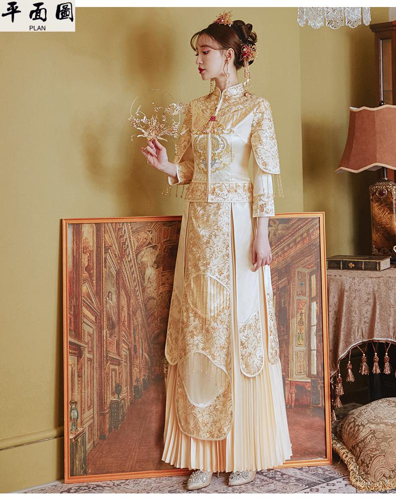 婚纱中式凤袍秀禾服新娘夏季薄款新款结婚情侣套装香槟色秀和服婚服小