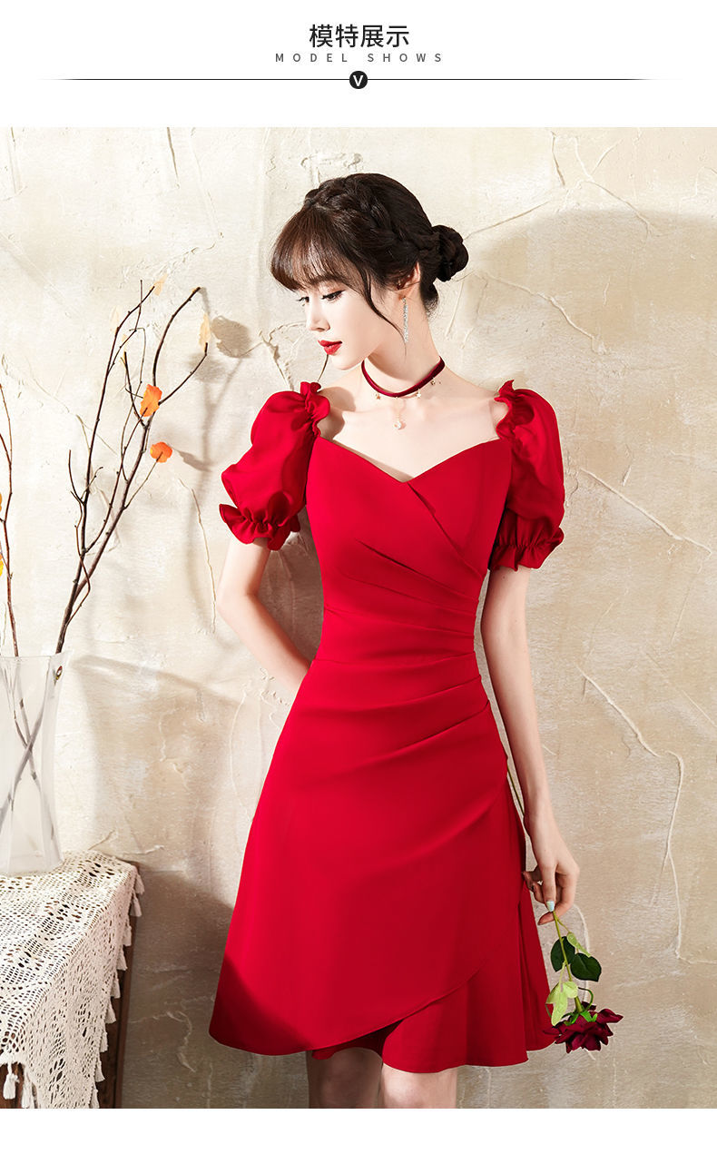 表兮敬酒服新娘女夏季小个子订婚礼服裙回门连衣裙酒红色平时可穿红裙