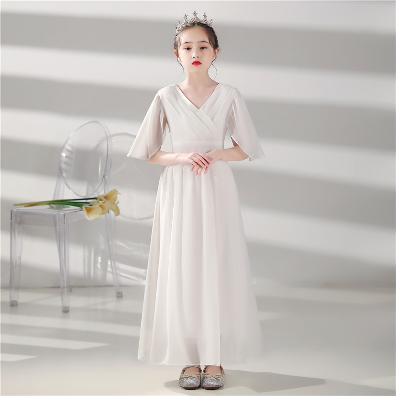 女童大提琴演奏服中大童4-13岁晚礼服公主裙白色雪纺中大童钢琴演出服