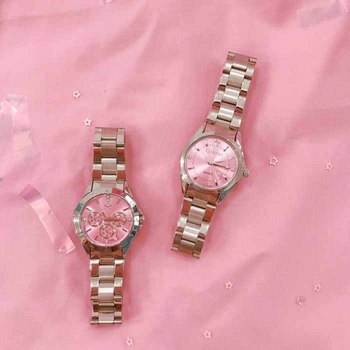 朴里 韩风日系简约少女心樱花粉色气质款钢带百搭小表盘手表石英表女