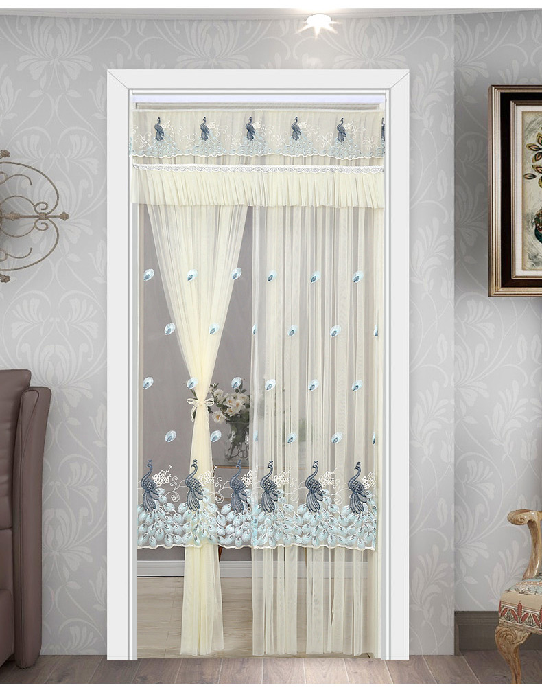 纱门帘蕾丝双层纱帘隔断帘卧室卫生间帘防蚊门帘免打孔 孔雀-米款(全