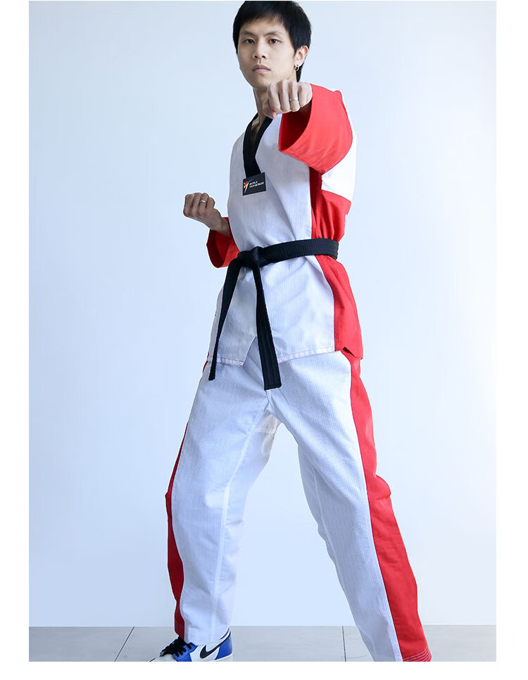 跆拳道服儿童大学生初学者训练表演服品势训练竞技服定制白配黑色默认