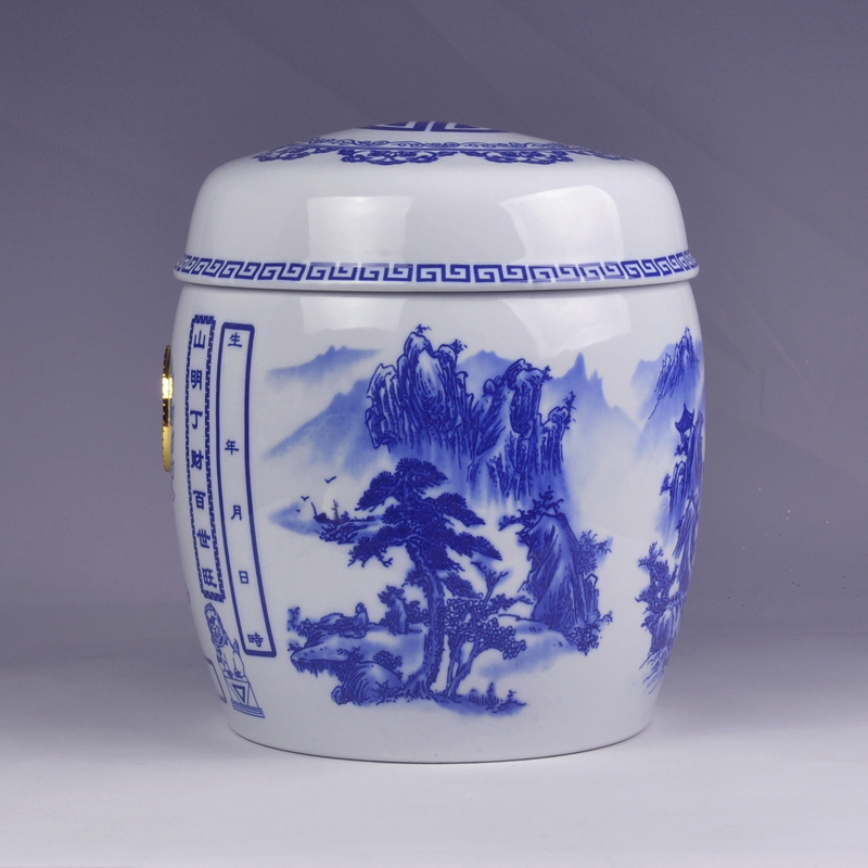 青花瓷骨灰坛 陶瓷骨灰罐 骨灰盒 骨灰盅 山水图 瓷器骨灰坛罐 直径