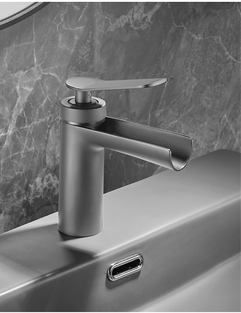 枪灰色洗脸盆全铜水龙头卫生间浴室柜面盆北欧创意冷热瀑布式龙头哑黑