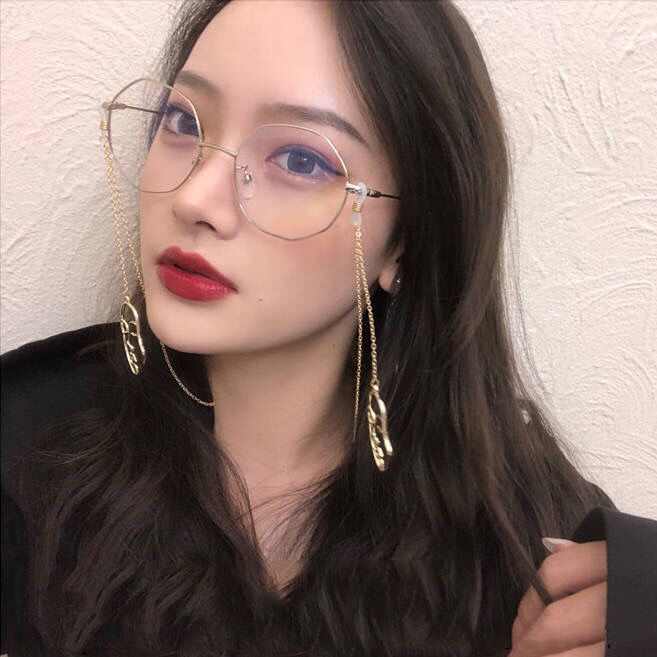 金丝眼镜链子金丝边多边形眼镜女韩版复古学生潮流镜框带链条平光镜