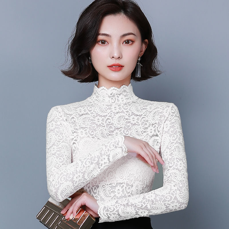 半高领蕾丝弹力打底衫女内搭长袖t恤镂空网纱上衣917黑色单层薄款xl
