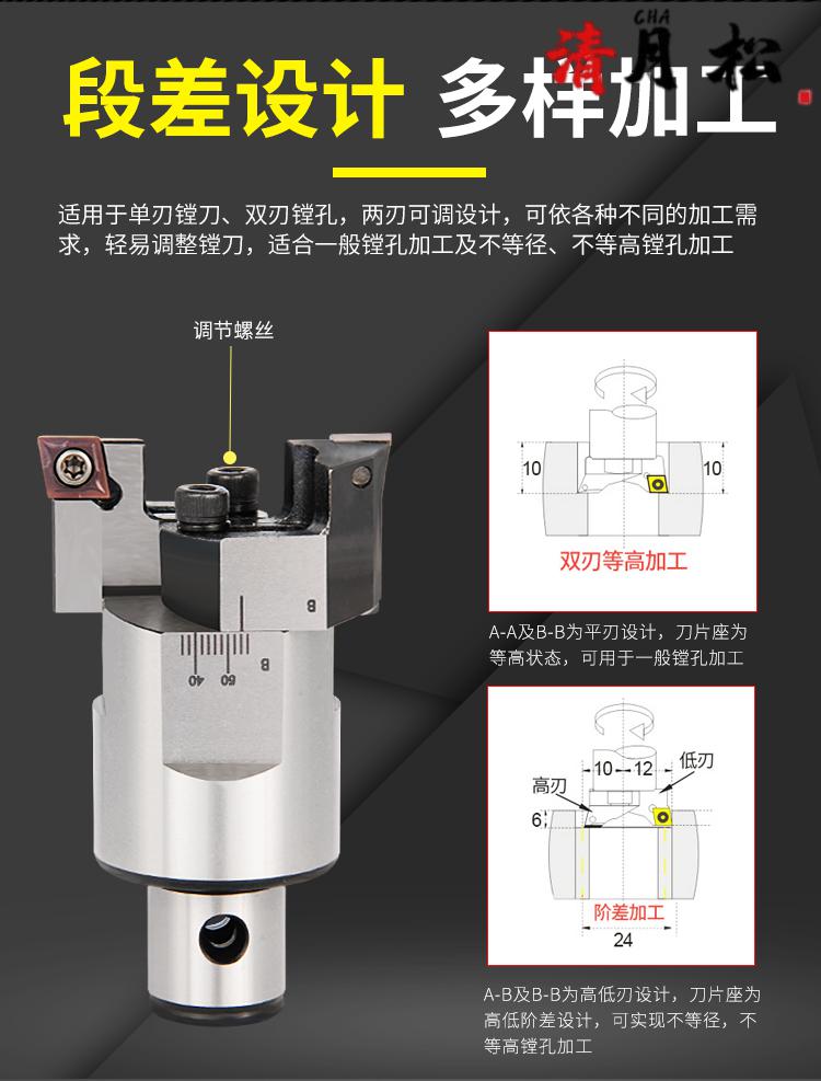 粗镗刀可调式深内孔加工中心头精固定式双刃刀杆柄片套装bt4050款rbh