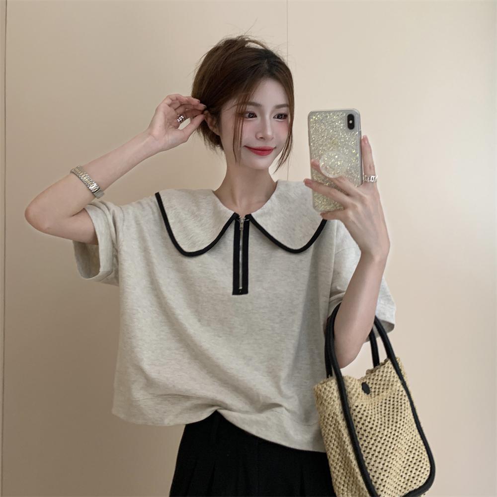 肩宽显瘦上衣肩宽微w胖女孩穿搭甜美风ins设计感小众娃娃领法式t恤