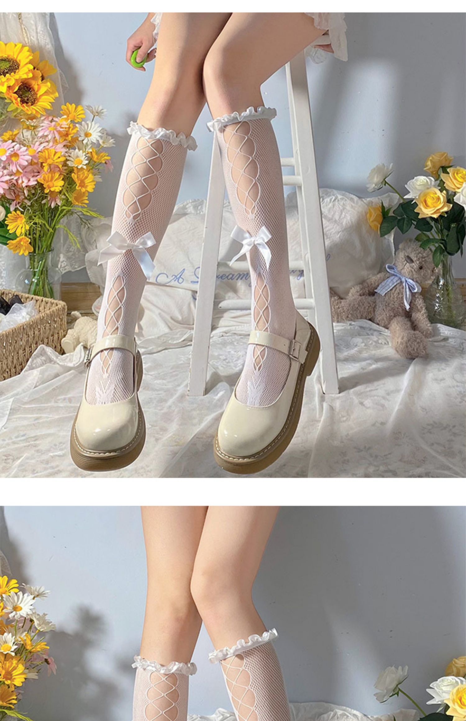 浪莎旗舰纯欲风ita蕾丝渔网袜白色jk辣妹袜子女丝袜中筒可爱小腿袜