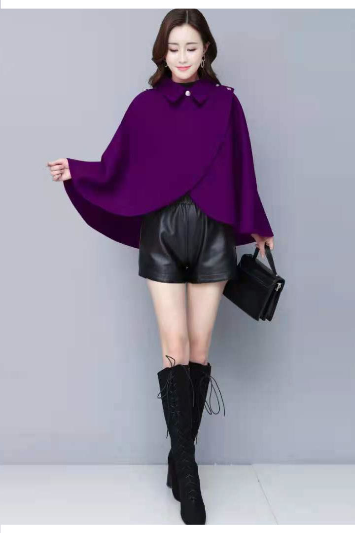 毛呢外套女秋冬季2021新款呢子大衣短款披肩洋气外搭披风斗篷坎肩紫色