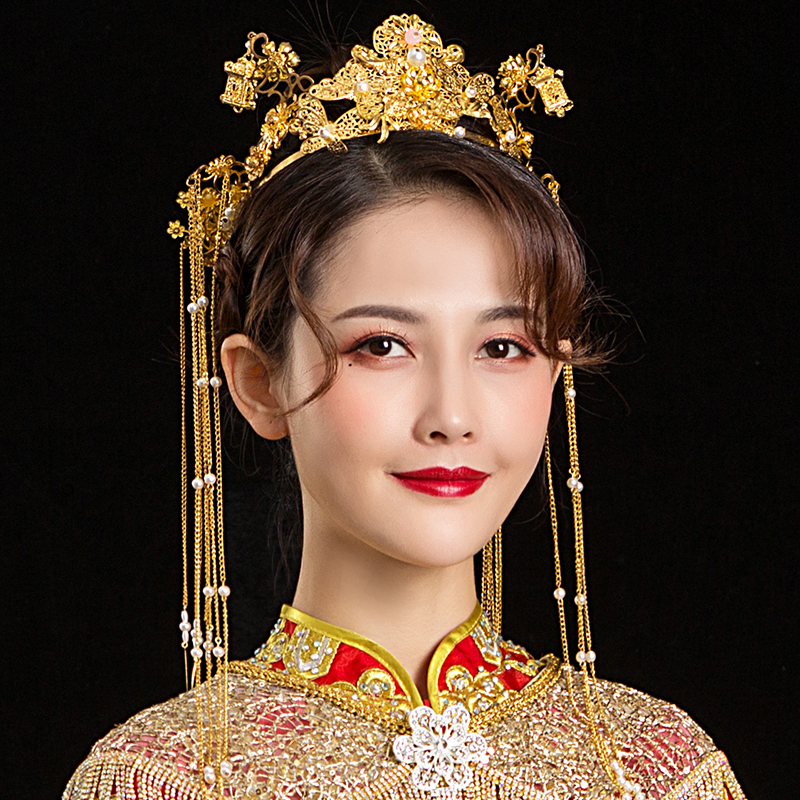 秀禾新娘2021新款秀禾服结婚中式婚礼简单大气凤冠皇冠发饰女流苏均码