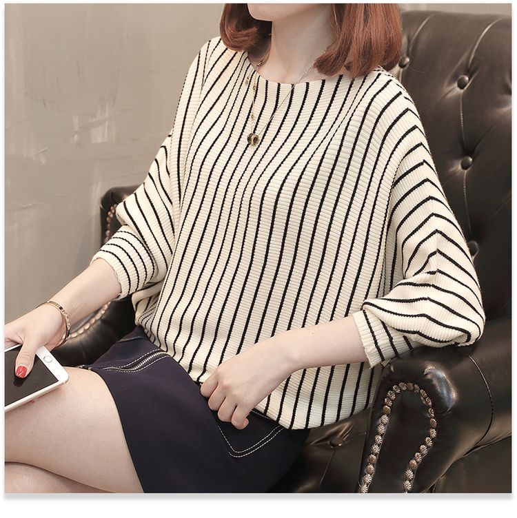 蝙蝠衫女慵懒风针织衫秋冬装新款镂空蝙蝠衫毛衣女外套打底衫黑色条纹
