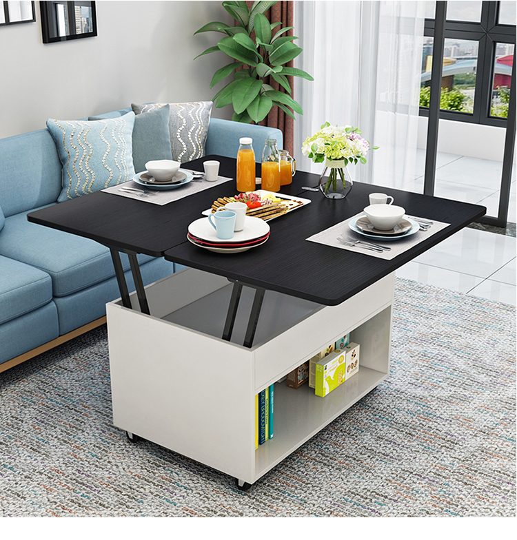 多功能折叠升降茶几变餐桌两用伸缩简约小户型家用带轮移动现代浅胡桃