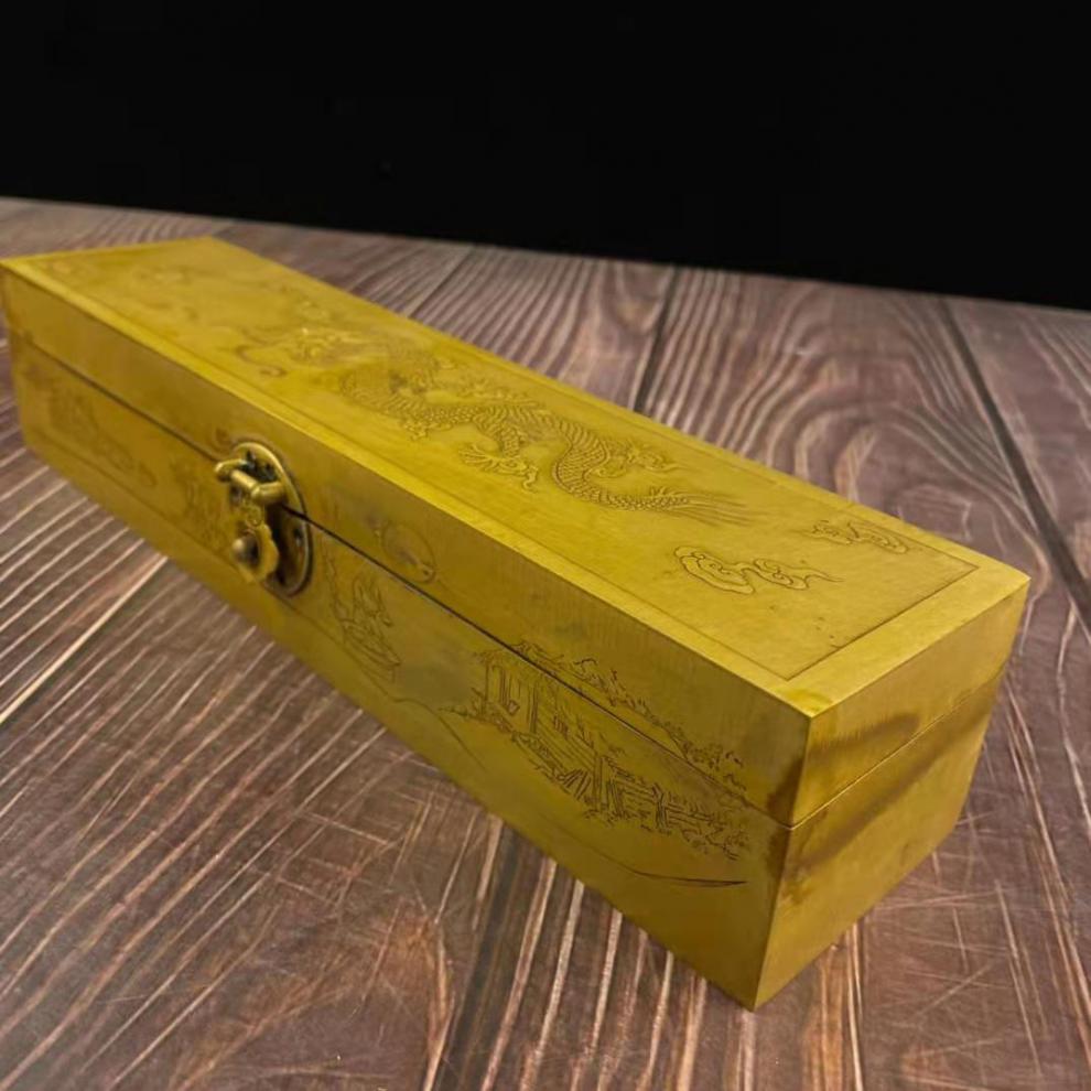 仿古纯铜刻画图案方盒首饰盒黄铜长条龙纹图案首饰盒书房装饰品 2款