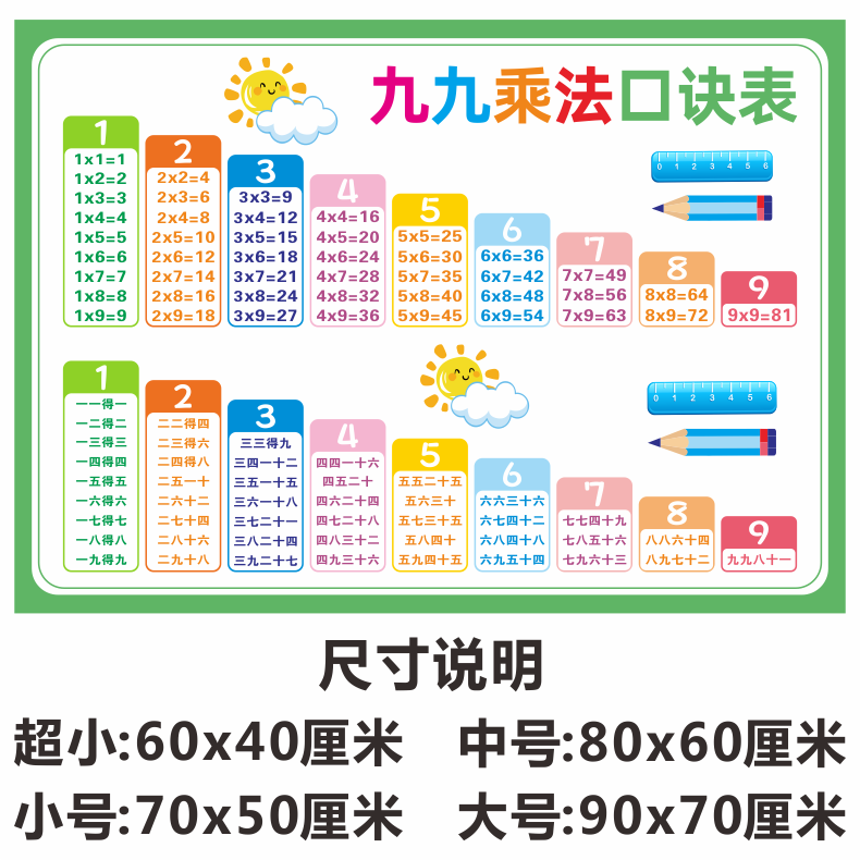 九九乘法表 二年級數學九九乘法口訣表牆貼 99乘法除法教具天天練隨身