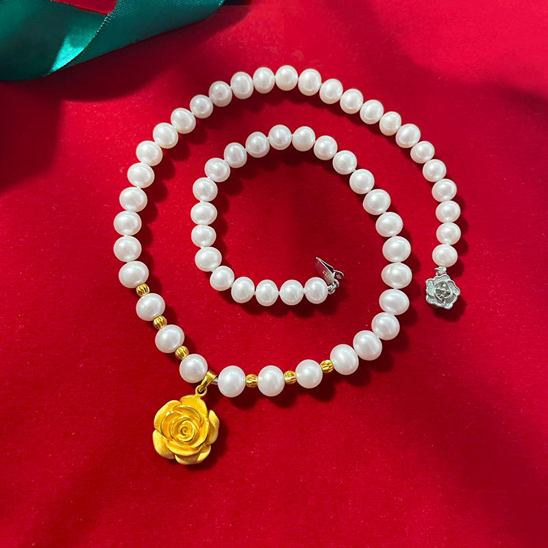 老凤祥款式999足金玫瑰花黄金吊坠女新款淡水珍珠项链520情人节礼物送