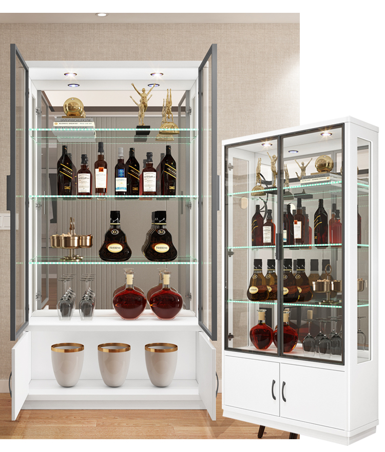 简约现代客厅多功能靠墙电视边小酒柜带锁展示柜双开门玻璃装饰柜中