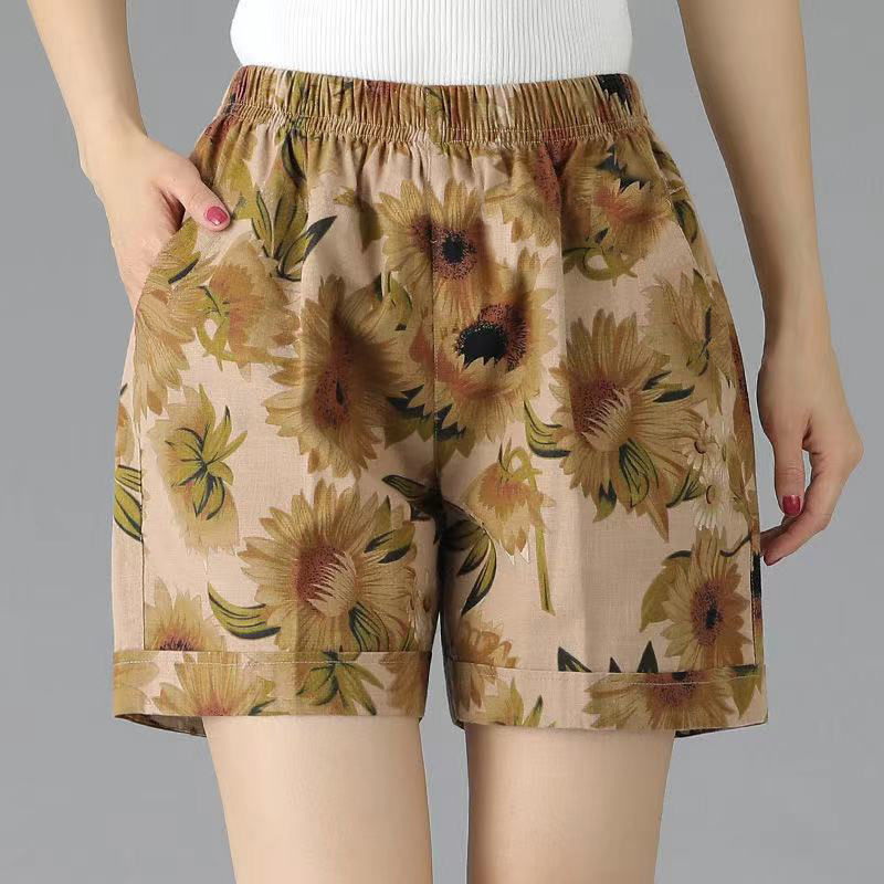 中年外穿短裤女士高腰夏季中年妈妈印花短裤女夏季新款高腰显瘦阔腿五