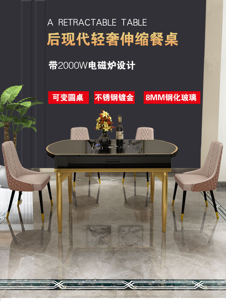绿林咖现代轻奢可伸缩折叠实木圆形钢化玻璃家用电磁炉小户型餐桌椅组合 餐桌 无电磁炉款