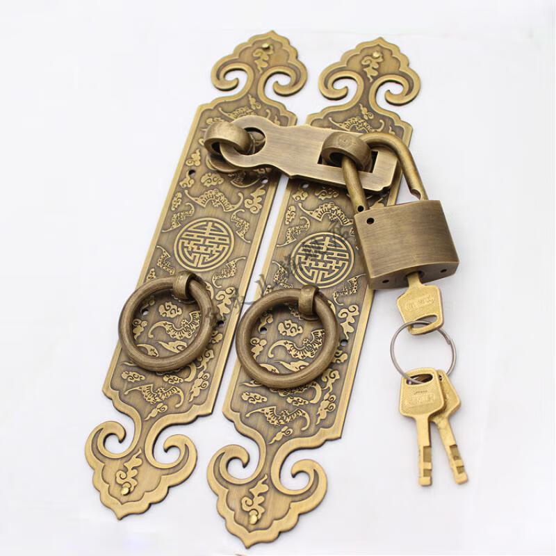 插销锁中式纯铜搭扣锁门扣老式大门栓挂锁门闩明装仿古代锁扣 4x20cm