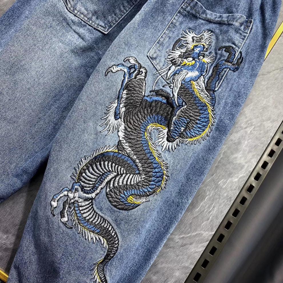 网红潮牌刺绣龙牛仔裤男学生宽松直筒老爹裤社会精神小伙哈伦裤子