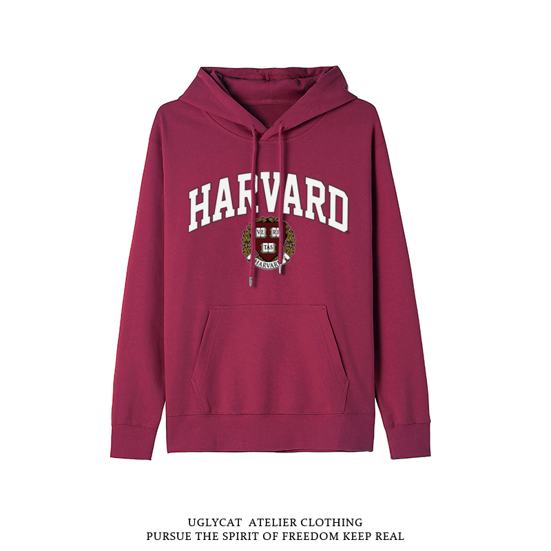 秋冬美国哈佛大学校服连帽外套加绒harvard宽松帽衫学生纪念卫衣酒红m