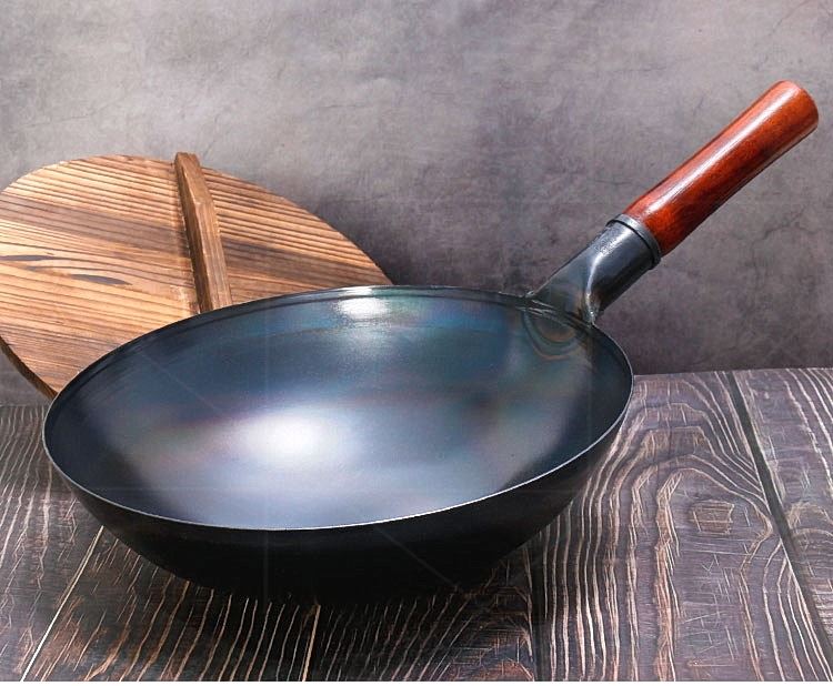 厨师饭店商用炒菜锅炒粉炒面轻便木把熟铁锅圆底炒饭无涂层铁炒锅34cm