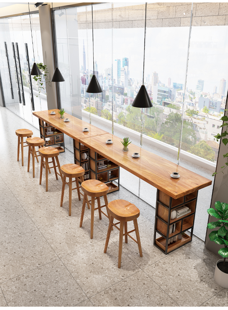 款吧台桌实木长条桌靠墙阳台休闲咖啡厅甜品奶茶店商用高脚桌椅组合