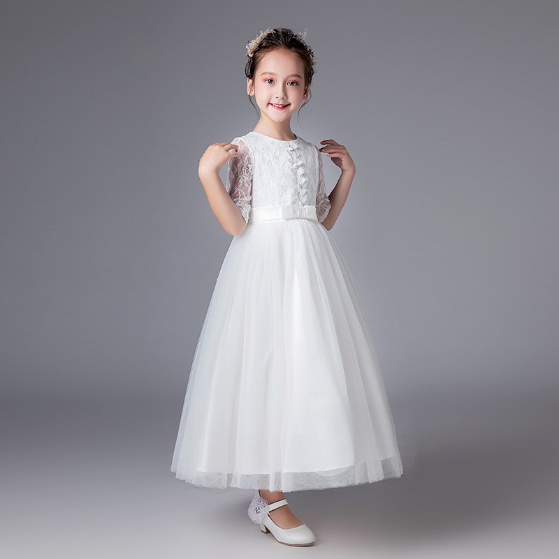 儿童白色小礼服夏季中大童婚纱蕾丝连衣裙弹钢琴演出礼服走秀演出服牧