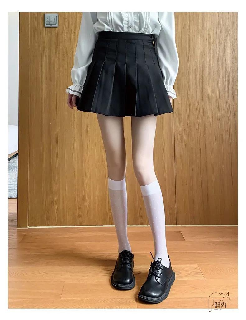抖音网红jk黑丝袜女短袜夏季透气中筒高筒长筒袜子潮 白小圆点【图片
