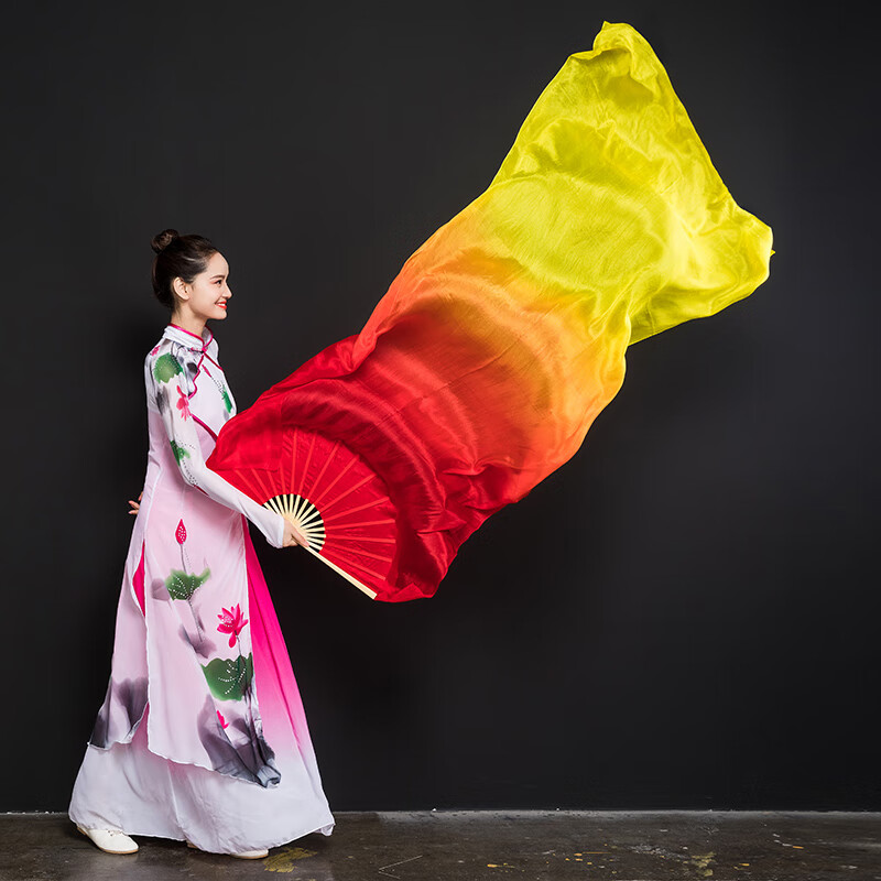加长舞蹈扇子跳舞扇锦鲤抄渐变稠扇双面成人儿童广场舞扇子红昭愿真丝