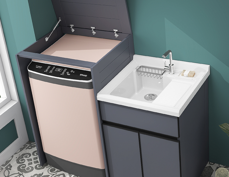 顾臣波轮上翻盖太空铝洗衣机柜伴侣柜阳台组合一体柜洗衣池石英石定制