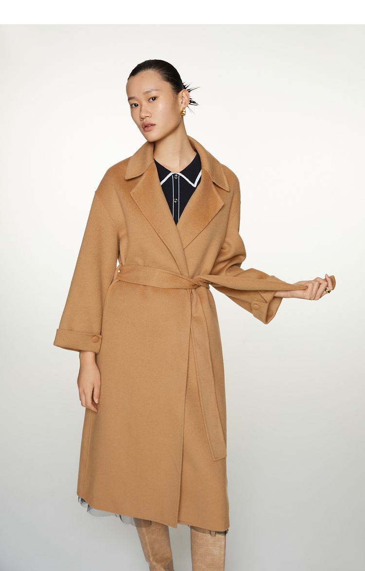 恩裳2021冬季新款时尚都市纯色绵羊毛西装领腰带毛呢外套大衣 粉红 36