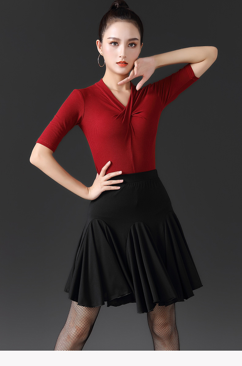 交谊舞装女上衣新款女成年上衣中袖国标摩登舞蹈练功跳交谊舞衣v领