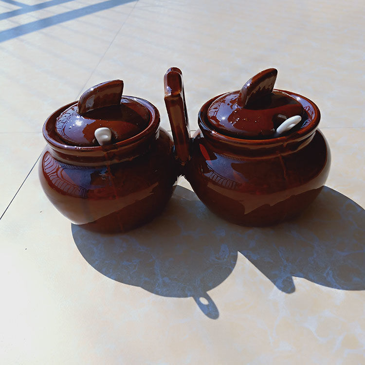 【新款】家用土陶瓷连体油盐罐烧烤调味罐厨房传统老式带把调料罐带盖