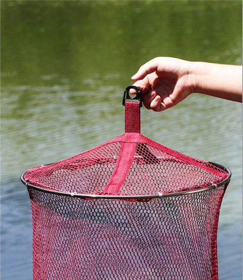 不锈钢双圈鱼护便携鱼网兜涂胶尼龙线渔护网加厚速干防挂渔具酒红特厚