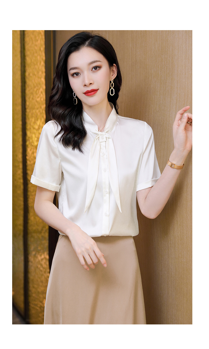 休闲宽松女士桑蚕丝重磅真丝衬衫女圆领短袖t恤衬衣夏天真丝上衣白色m