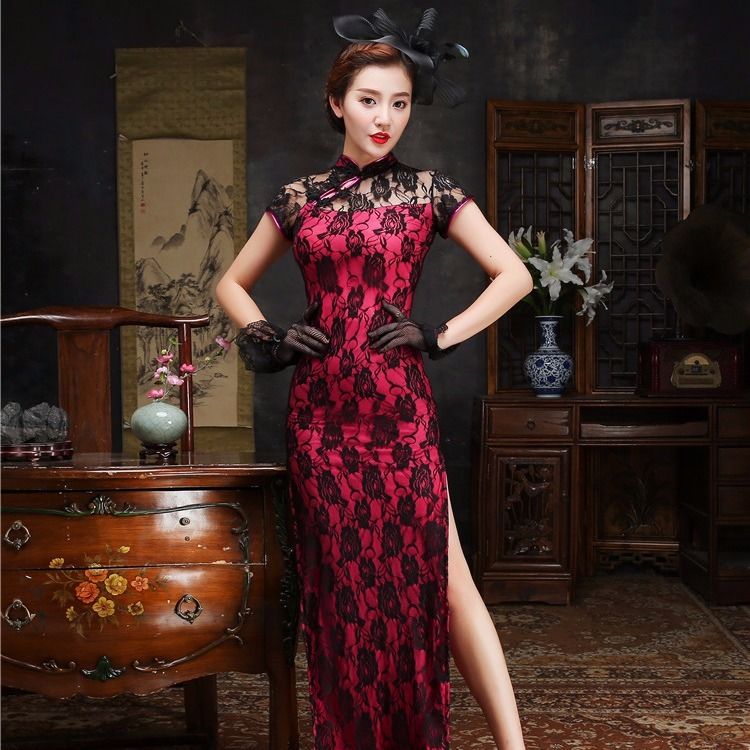 风名媛夜上海滩复古改良舞蹈旗袍蕾丝长款高开叉长裙子舞台走秀演出服