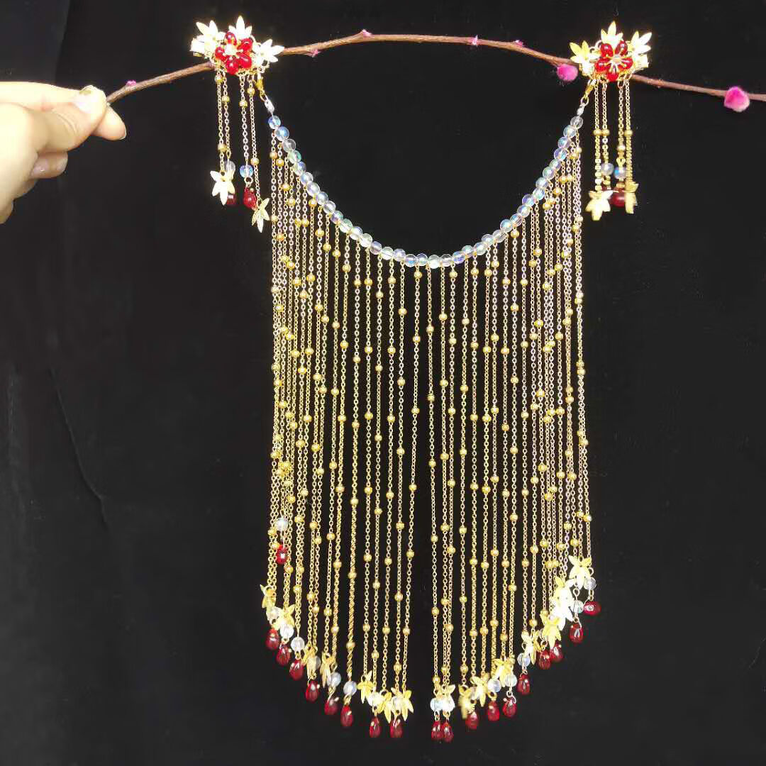 面纱古风古风面帘遮脸汉服遮面纱加饰串珠对夹流苏遮面帘女古装发饰