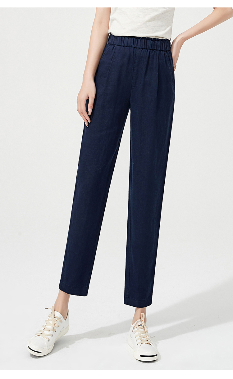 逸阳纯亚麻女裤夏季薄款九分哈伦休闲裤宽松显瘦2021新款裤子3819深海