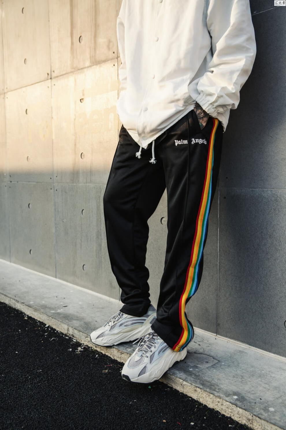 palm天使angels侧边条纹侧开拉链彩虹裤子高街直筒休闲 宝蓝色(白条)