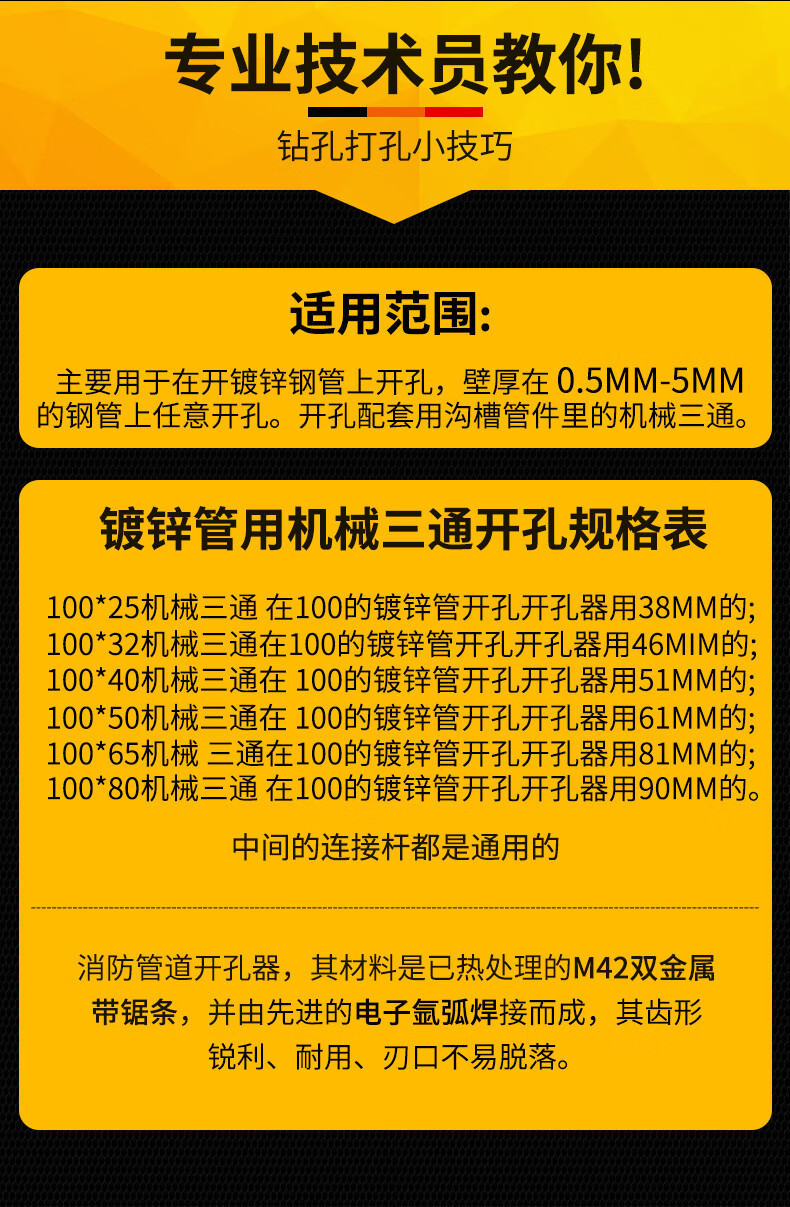 旺农丰消防管道开孔器机械三通镀锌管扩孔双金属开孔钻头钢管塑料管扩