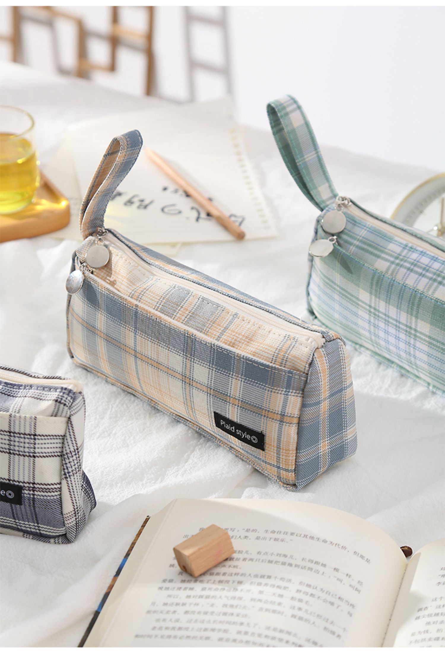 盐系jk网红双层笔袋日系格子手提文具盒少女心in风铅笔盒简创意大容量