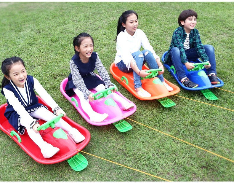 滑雪板儿童加厚滑草板单板双人耐磨滑雪车带刹车方向盘冰车爬犁雪橇车