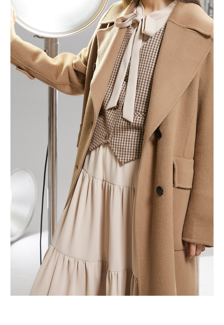 紫淑2022年冬季新款双面呢大衣女韩版复古百搭双排扣简约长款外套