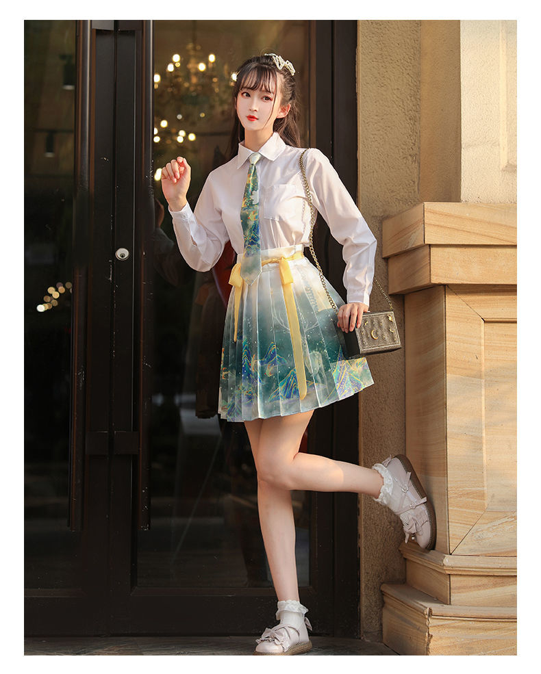 汉服女成人三月兮汉服女改良国风汉元素百褶裙夏jk制服学生渐变蓝色