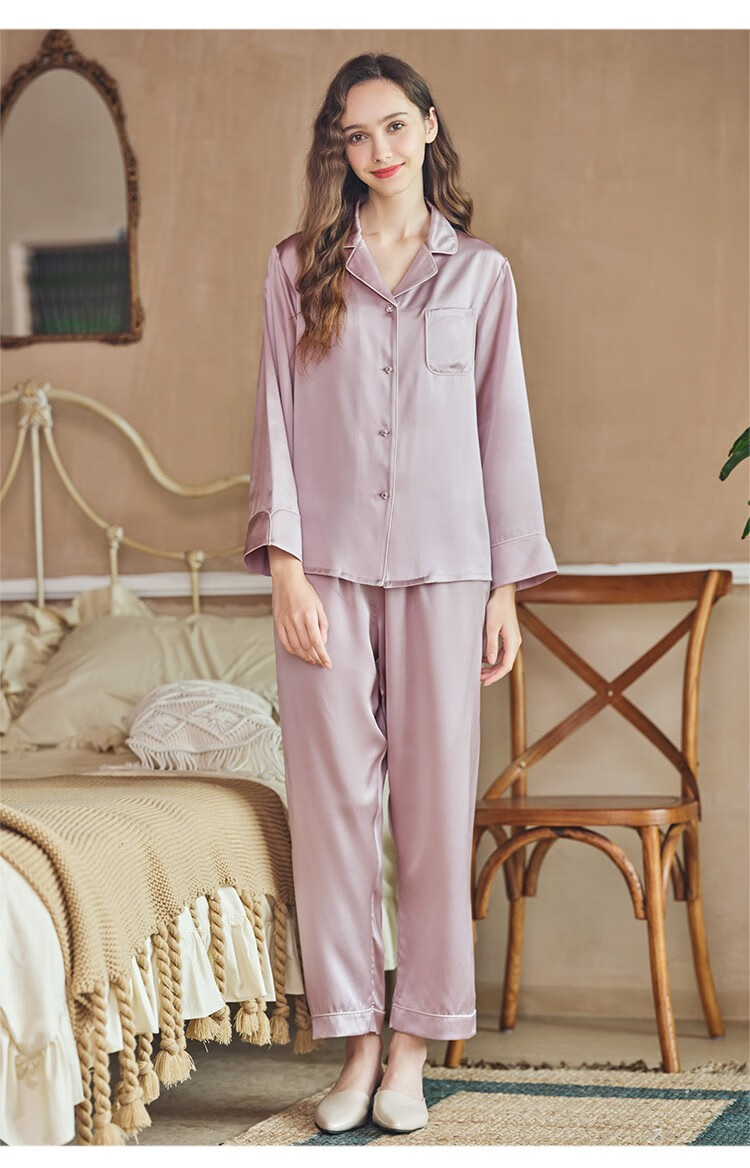 商场同款美标新款女长袖真丝睡衣套装春秋19姆米重磅桑蚕丝绸家居服冬