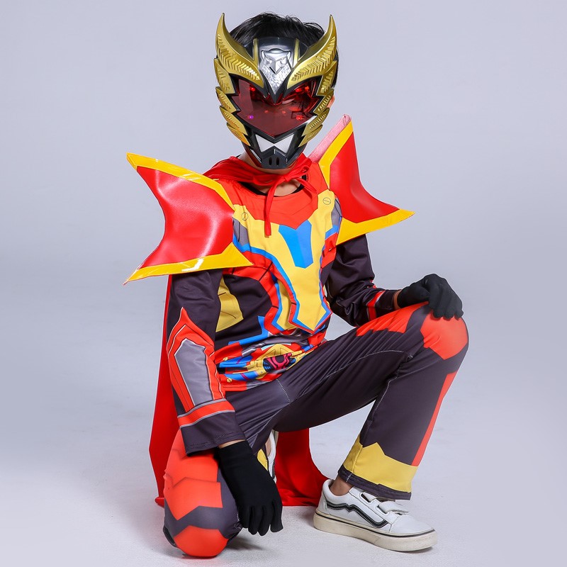 战甲铠甲勇士童装盔甲连体男cos皮套披风衣服拿瓦钢铁侠套装 红色套装