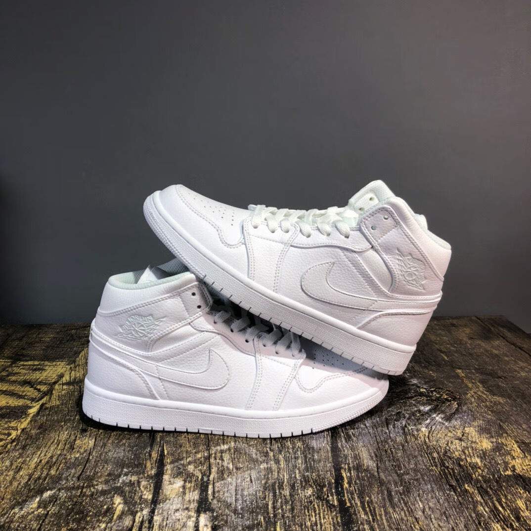 纯原男鞋乔1中帮鞋纯白aj潮流韩版板鞋校园运动鞋女鞋百搭时尚 纯白